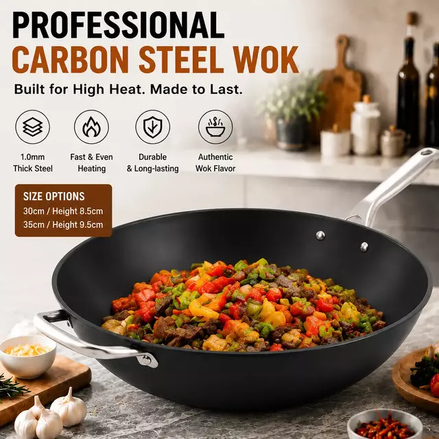 Fabrikneues Design, gewürzter Karbonstahl, 30/35 cm, Wok-Pfanne, natürlich antihaftbeschichtet, Pfannen, Bratpfannen, kompatibel mit Induktion